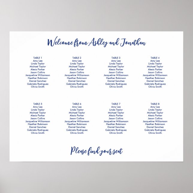Affiche Plan de table simple 8 tables bleu foncé (Devant)