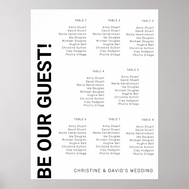 Affiche Plan de table Simple Blanc Mariage pour 8 tables (Devant)