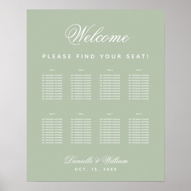Affiche Plan de table simple mariage vert sauge 8 tables (Devant)