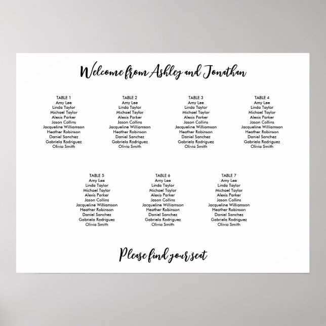 Affiche Plan de table simple moderne pour 7 tables (Devant)