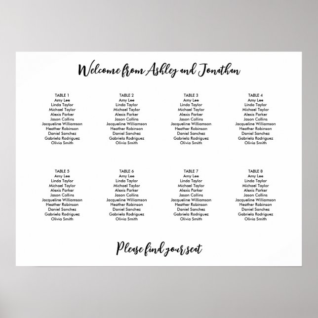 Affiche Plan de table simple moderne pour 8 tables (Devant)