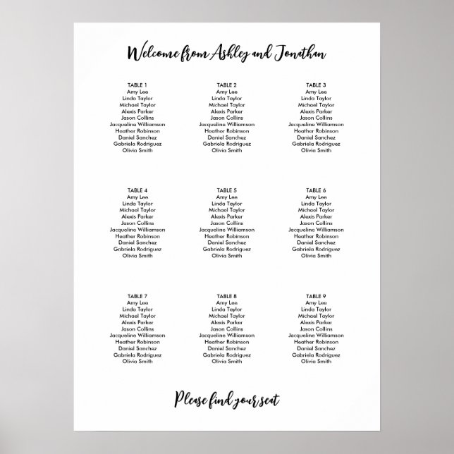 Affiche Plan de table simple moderne pour 9 tables (Devant)