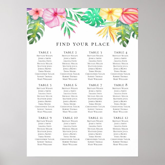 Affiche Plan de table tropical. Mariage exotique d'été (Devant)