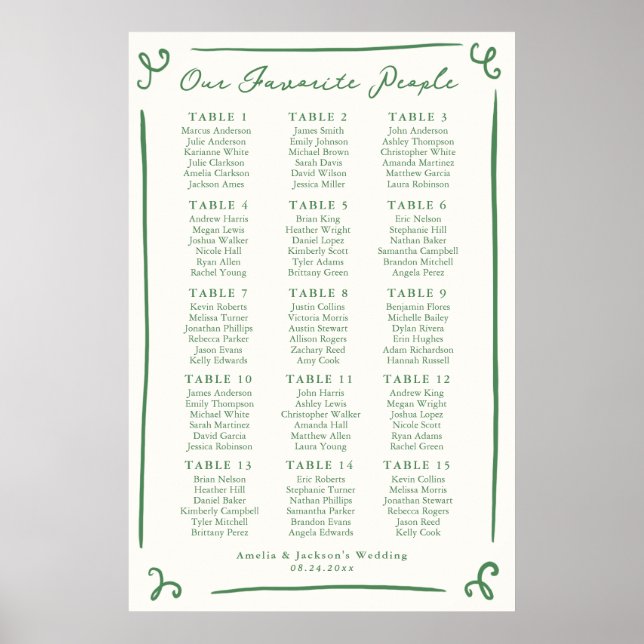 Affiche Plan de table vert dessiné à la main avec fantaisi (Devant)