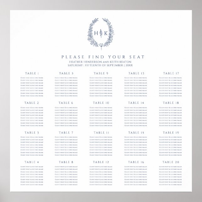 Affiche Plan de tables de mariage ovale bleu foncé blanc 2 (Devant)