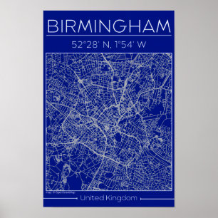 Affiche Plan de ville de Birmingham Blueprint Minimal Wall
