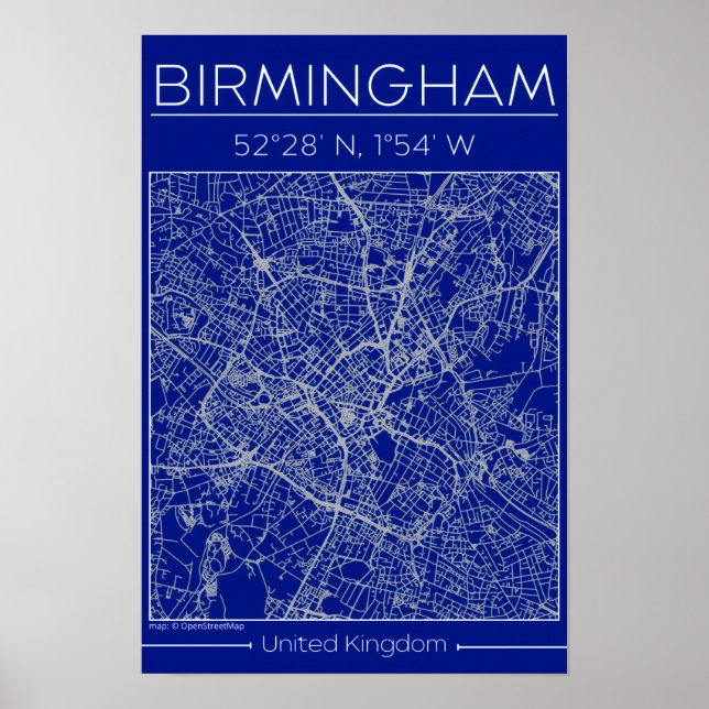 Affiche Plan de ville de Birmingham Blueprint Minimal Wall (Devant)