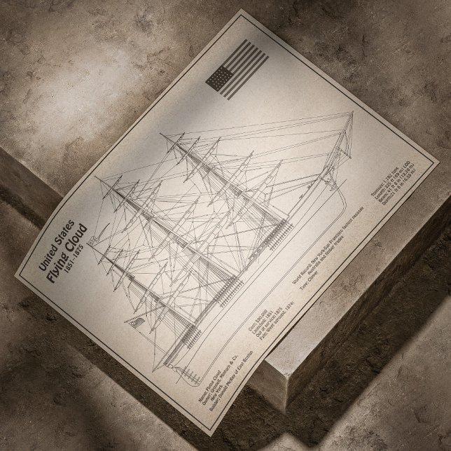 Affiche Plan de voilure du navire Clipper Flying Cloud - P (Clipper Ship Flying Cloud - Ship Blueprint SD. Poster)