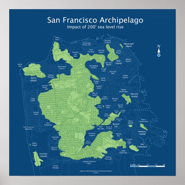 Affiche Plan des rues de San Francisco submergé 18x18" (Devant)