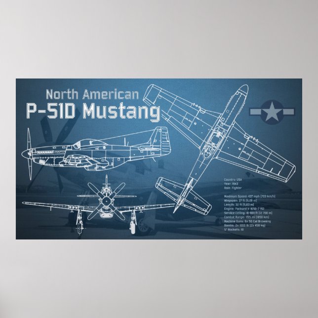 Affiche Plan directeur nord-américain P-51D Mustang (Devant)