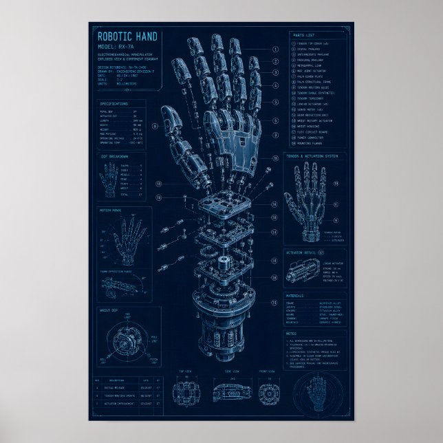 Affiche Plan technique de main robotique (Devant)