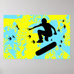 Affiche planche à roulettes avec oiseaux