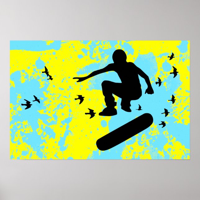 Affiche planche à roulettes avec oiseaux (Devant)