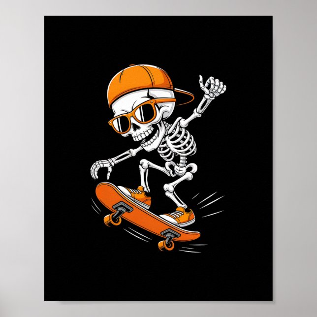Affiche Planche à roulettes squelette d'Halloween drôle de (Devant)