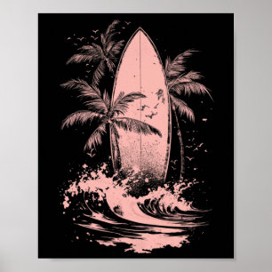 Affiche Planche de surf aquarelle surf plage palmiers
