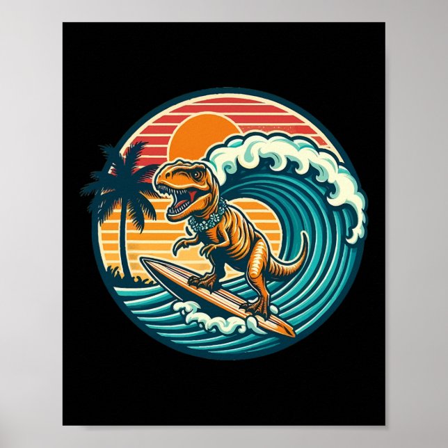 Affiche Planche de surf dinosaure drôle plage été surfant  (Devant)