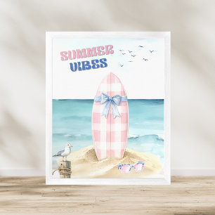 Affiche Planche de surf rétro rose et bleue, ambiance esti