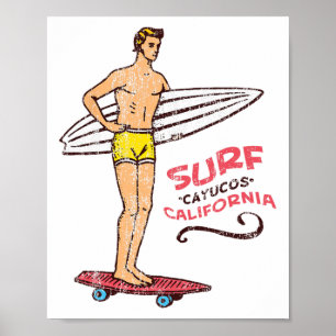 Affiche Planche de surf rétro vintage Cayucos Surf 60s 70s