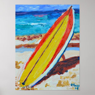 Affiche Planche de surf rouge et jaune sur une plage de sa
