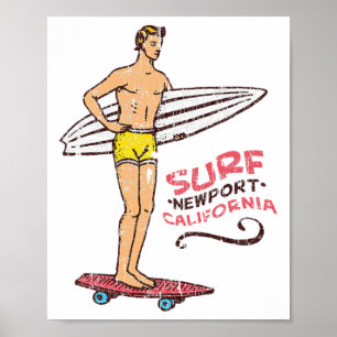 Affiche Planche de surf vintage rétro Newport Beach Surf d