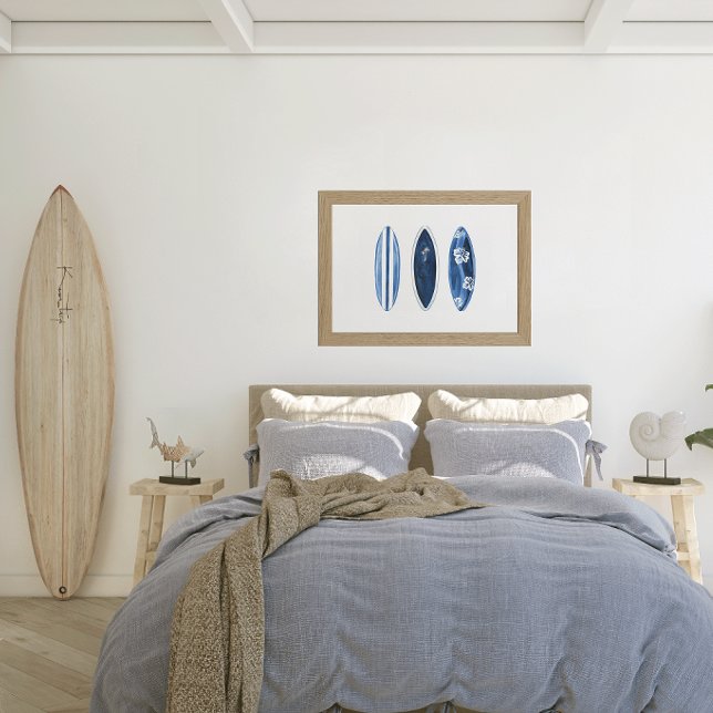 Affiche Planches de surf aquarelle bleue Surfs Up (Surfboards art poster)