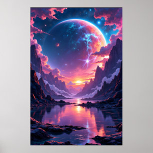 Affiche Planète fantastique s'élevant au-dessus des montag