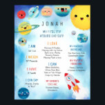 Affiche Planètes spatiales extra-spatiales Rockship Annive<br><div class="desc">Célébrez votre anniversaire pour enfants avec ce panneau d'étape du thème de l'espace. Ce système solaire super mignon est doté d'un soleil souriant, Mercure, Vénus, Terre (avec la lune), Mars, Jupiter, Saturne, Uranus et d'un vaisseau-fusée qui explose dans l'espace. Le libellé modifiable comprend "Voyage autour du soleil". Le Rocket ship...</div>