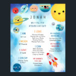 Affiche Planètes spatiales extra-spatiales Rockship Annive<br><div class="desc">Célébrez votre anniversaire pour enfants avec ce panneau d'étape du thème de l'espace. Ce système solaire super mignon est doté d'un soleil souriant, Mercure, Vénus, Terre (avec la lune), Mars, Jupiter, Saturne, Uranus et d'un vaisseau-fusée qui explose dans l'espace. Le libellé modifiable comprend "Voyage autour du soleil". Le Rocket ship...</div>