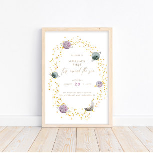 Affiche Planètes spatiales - Girls Gold 1er anniversaire