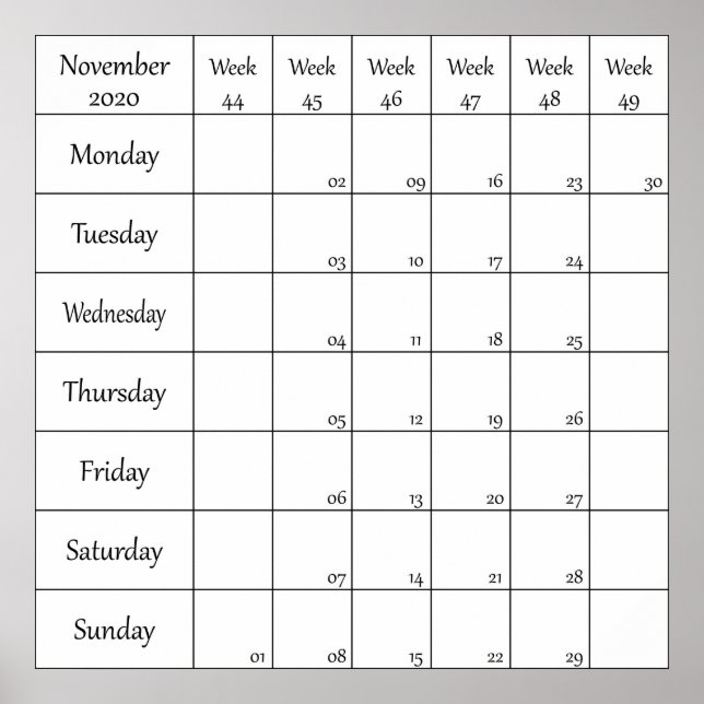 Affiche planificateur de calendrier novembre 2020 avec num (Devant)