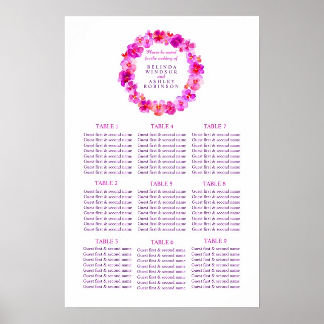 Affiche Planificateur de table de mariage rose 1-9 tables (Devant)