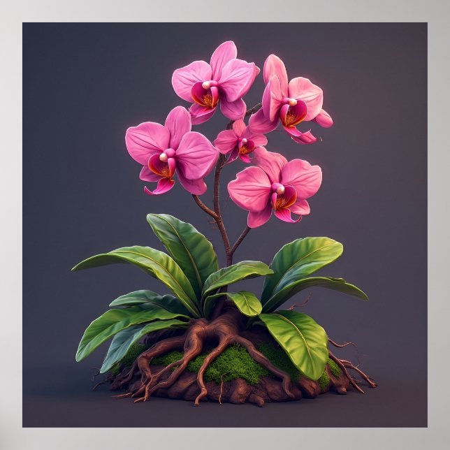 Affiche Plante d'orchidée rose avec des feuilles vertes (Devant)