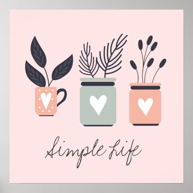 Affiche Plantes de pot moderne rose et gris pastel (Devant)