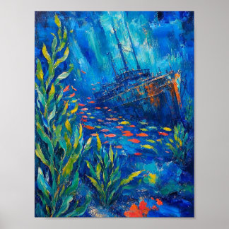 Affiche plantes océaniques navire englouti peinture abstra