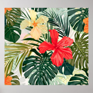 Affiche Plantes tropicaux hawaïens, fleurs colorées.