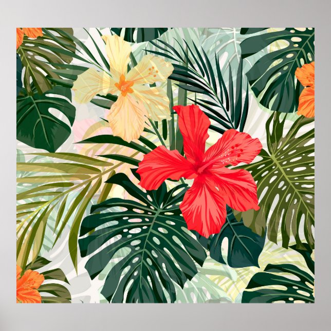 Affiche Plantes tropicaux hawaïens, fleurs colorées. (Devant)