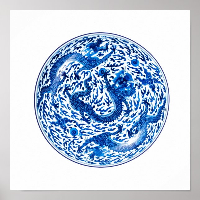 Affiche Plaque chinoise antique, Dragons Bleus Cobalt (Devant)