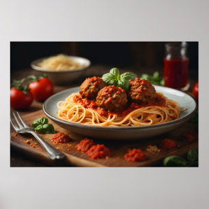 Affiche Plaque de spaghetti et boulettes de viande