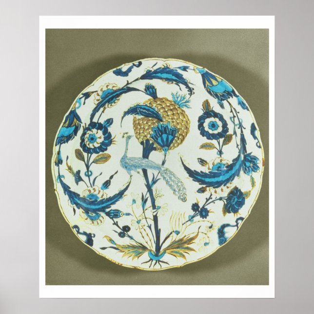 Affiche Plat d'Iznik peint d'un paon perché au milieu de f (Devant)