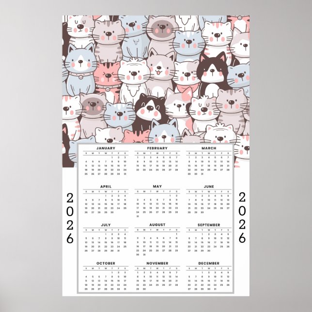 Affiche Playful Cartoon Cat Pattern with 2026 Calendar (Devant)