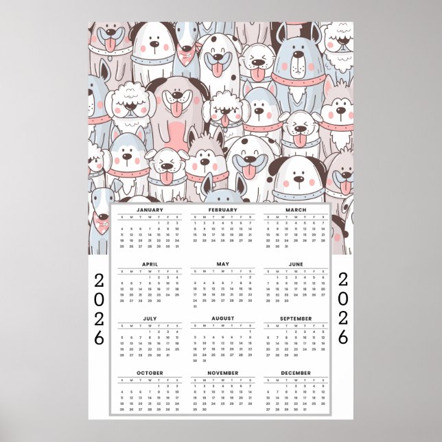 Affiche Playful Cartoon Dog Pattern with 2026 Calendar (Devant)