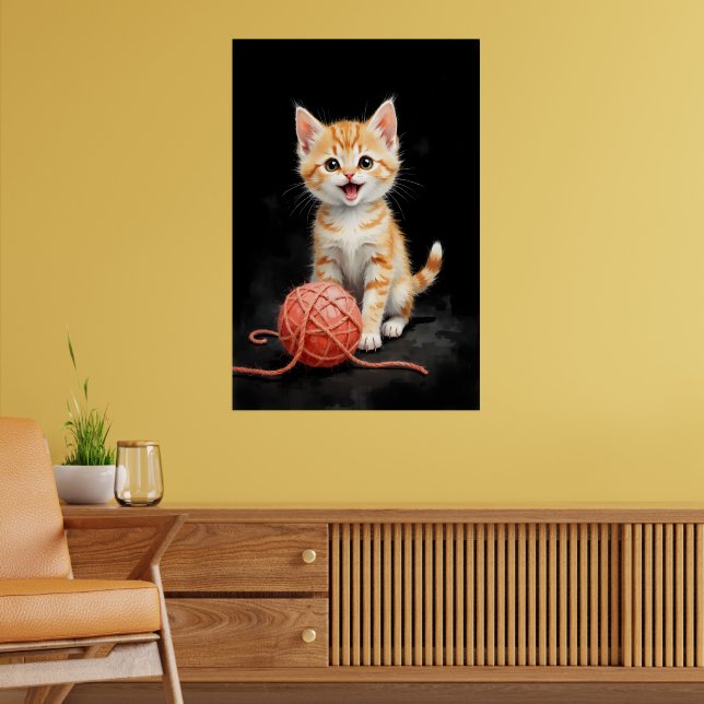 Affiche Playful Kitten Cat with Yarn Watercolor Print (Salon 2)