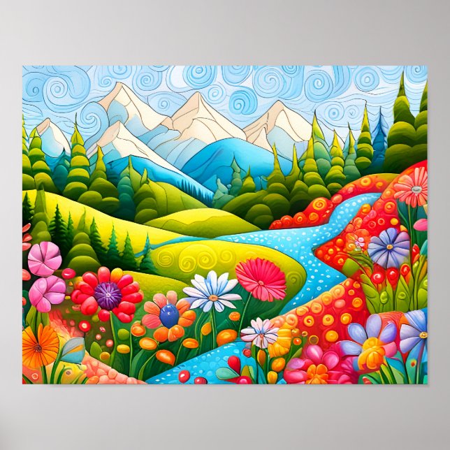 Affiche Playful Mountain Meadow avec Fleurs et Stream (Devant)
