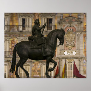 Affiche Plaza Mayor avec la statue de Filipe III, Madrid,