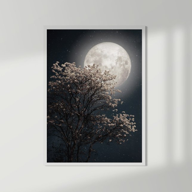 Affiche Pleine lune avec Arbre en fleurs (Blooming tree and shining full Moon)