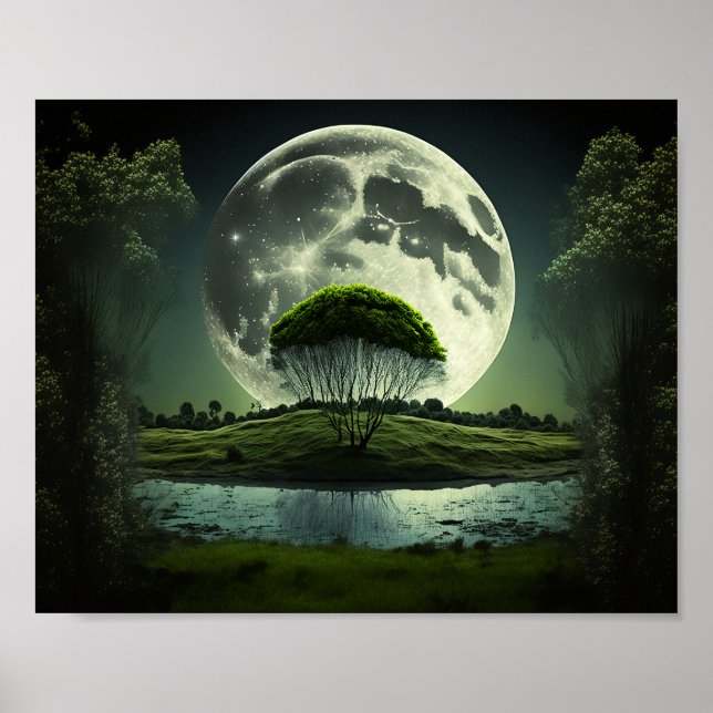 Affiche Pleine lune avec arbre et rivière (Devant)