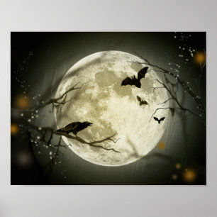 Affiche Pleine lune avec chauves-souris et corbeau