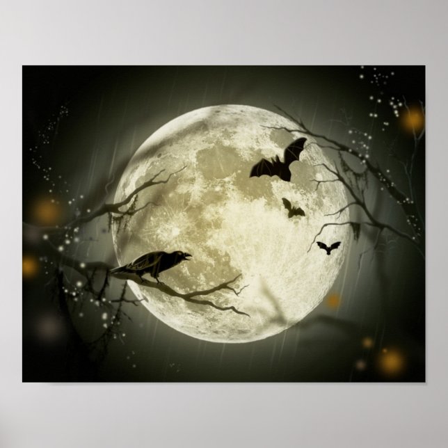 Affiche Pleine lune avec chauves-souris et corbeau (Devant)