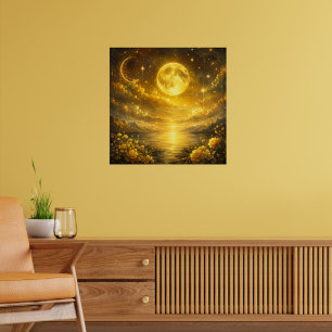 Affiche Pleine Lune Dorée sur le Lac Enchanté — Fantaisie