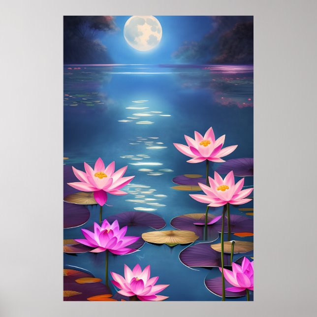Affiche Pleine lune et belles fleurs de Lotus roses (Devant)